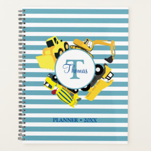 Construction Trucks Blue Stripes Monogram Planner