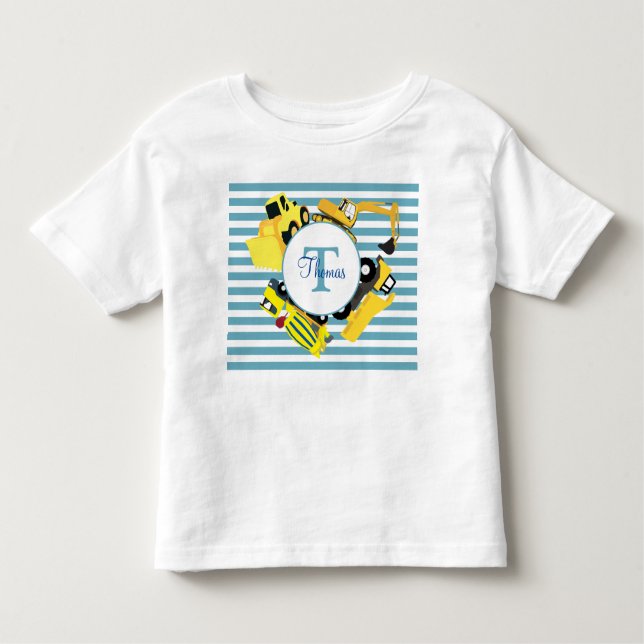 Construction Trucks Blue Stripes Monogram Toddler T-Shirt (Front)
