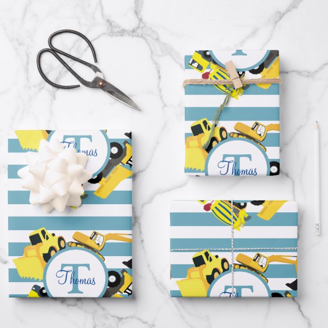 Construction Trucks Blue Stripes Monogram Wrapping Paper Sheet (Front)