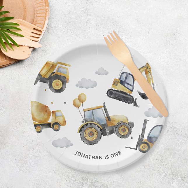 Construction Trucks Boy 1st Birthday Party Paper Plate (Creator Uploaded)