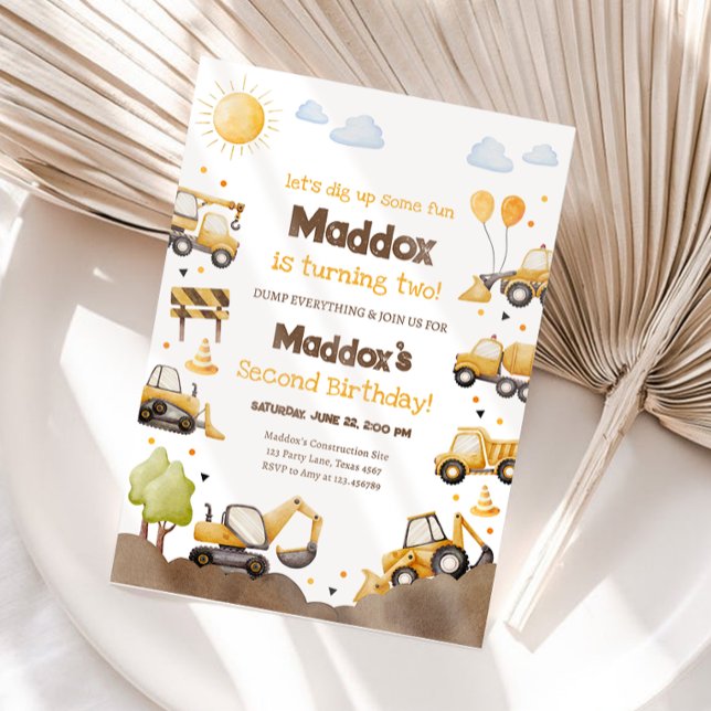 Construction Trucks Boy 2nd Second Birthday Invitation (Creator Uploaded)