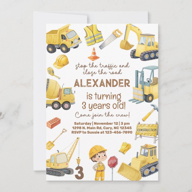 Construction trucks boy 3rd birthday invitation. invitation (Front)