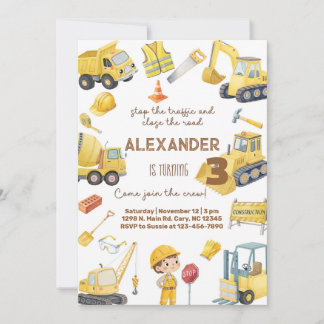 Construction trucks boy Any Age birthday invite. Invitation