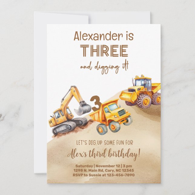Construction trucks boy birthday invitation. invitation (Front)