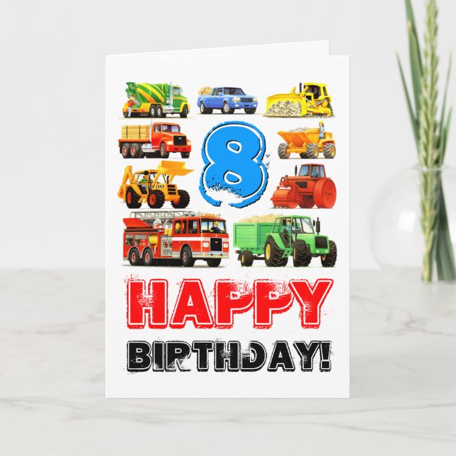 Construction Trucks Boy's 8th Birthday Card (Front)