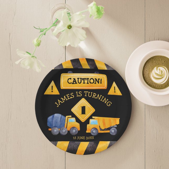 Construction trucks boys birthday party  paper plate (Construction trucks boys birthday party supplies personalized monogrammed printed paper plates)