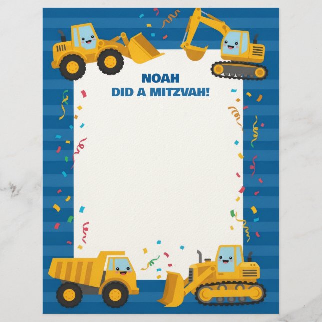Construction Trucks Custom Name Mitzvah Notes Letterhead (Front)