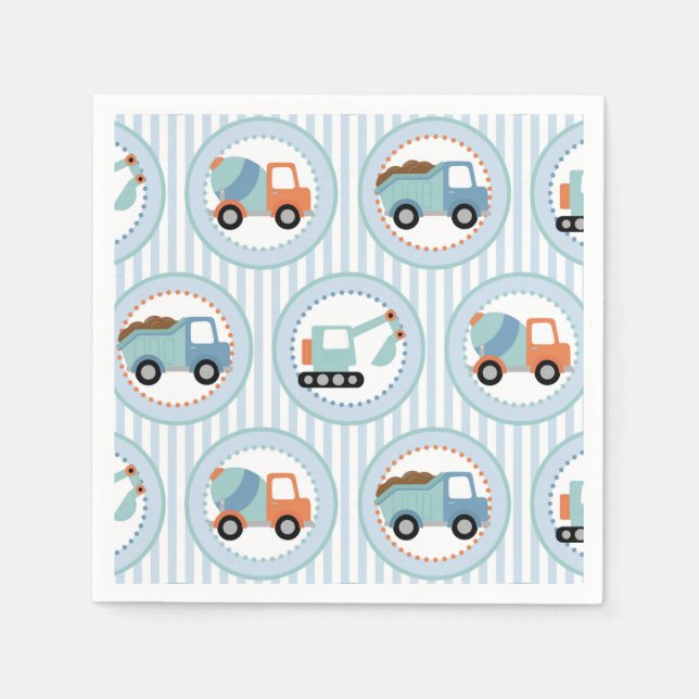 Construction Trucks - Cute Blue White Napkin (Front)
