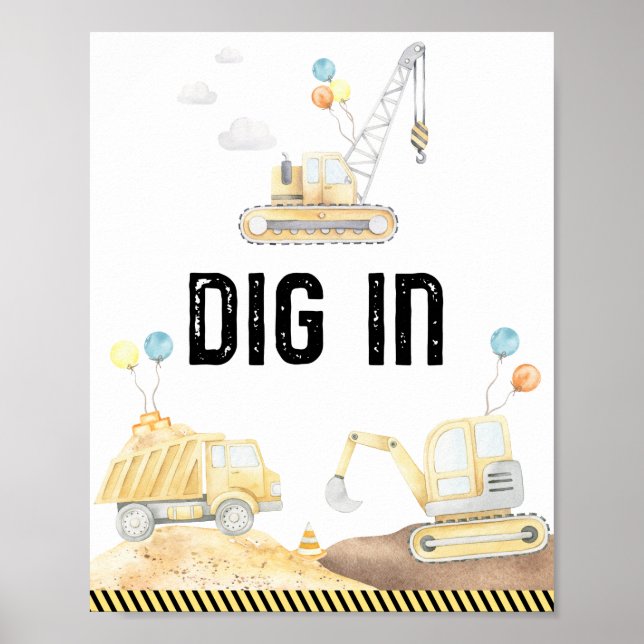 Construction Trucks Dig In Birthday Party Sign (Front)
