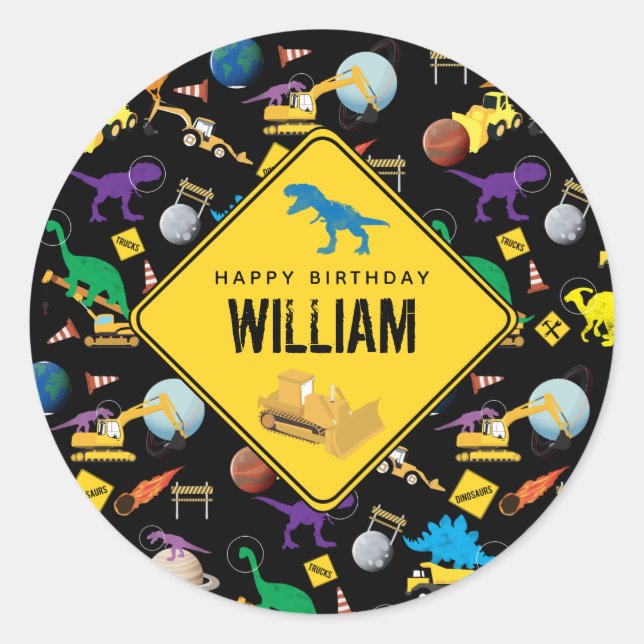 Construction Trucks Dinosaurs in Space Birthday  Classic Round Sticker (Front)