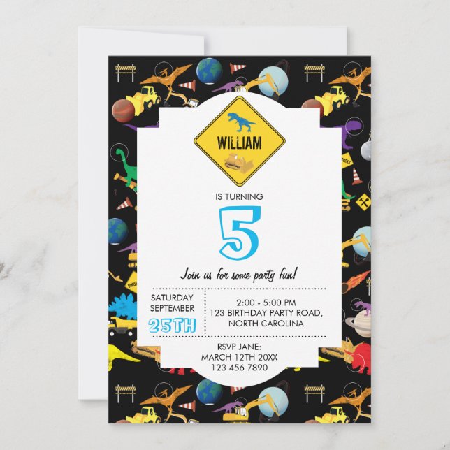 Construction Trucks Dinosaurs Space Birthday Invitation (Front)