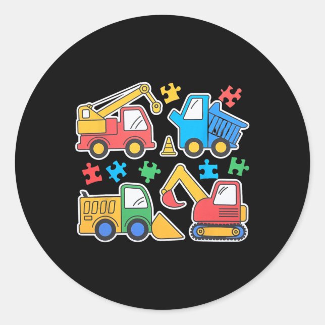Construction Trucks Excavator Autism Awareness Tee Classic Round Sticker (Front)
