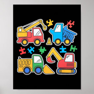 Construction Trucks Excavator Autism Awareness Tee Poster