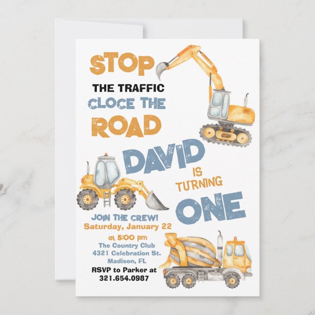 Construction Trucks First Birthday Party Invitation (Front)
