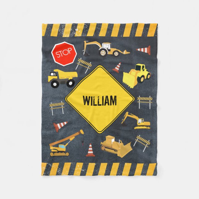 Construction Trucks Heavy Machinery Boy Name Fleece Blanket (Front)