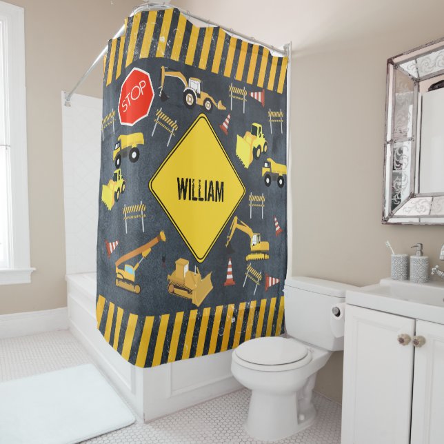 Construction Trucks Heavy Machinery Boy Name Shower Curtain (In Situ)