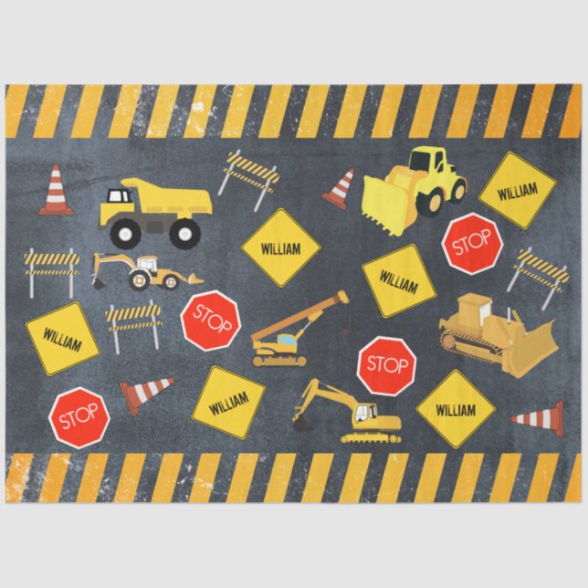 Construction Trucks Heavy Machinery Boy Name  Tissue Paper (Front)