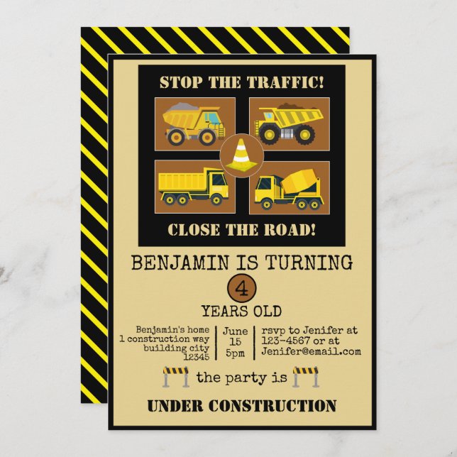 Construction Trucks | Kid Birthday Party Decor Invitation (Front/Back)