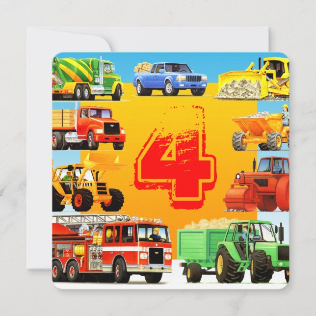 Construction Trucks Kid's 4th Birthday Party Invitation (Front)