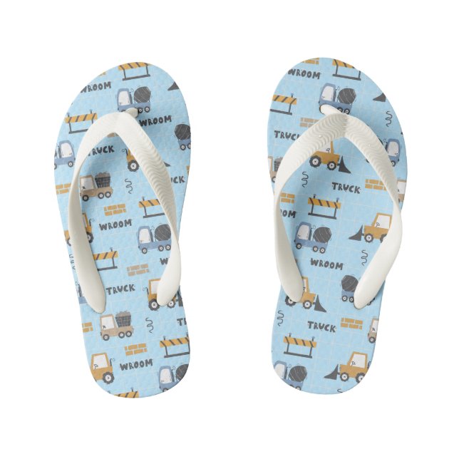 Construction Trucks Pattern Blue Kid's Jandals (Footbed)