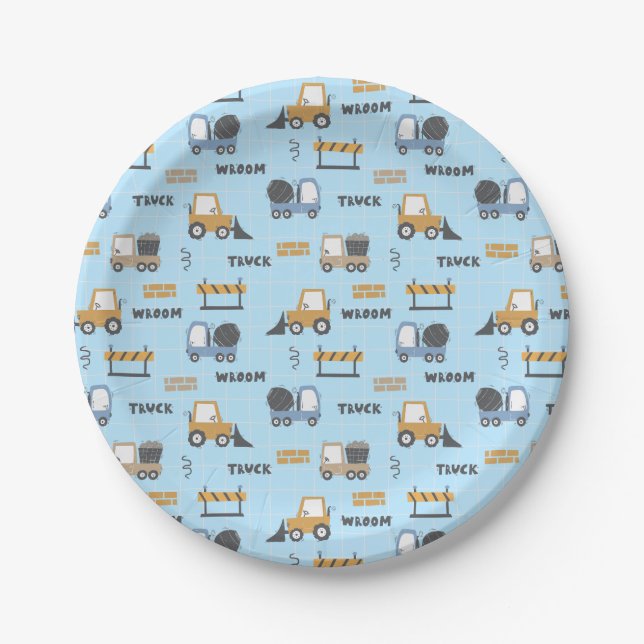 Construction Trucks Pattern Blue Paper Plate (Front)