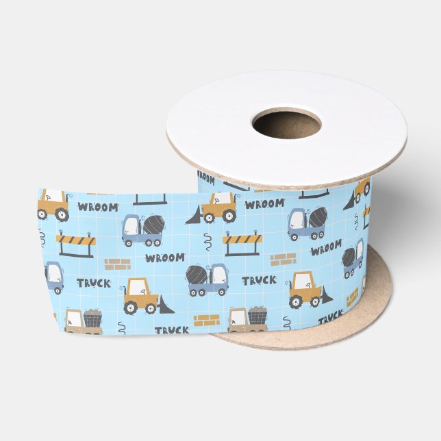 Construction Trucks Pattern Blue Satin Ribbon (Spool)