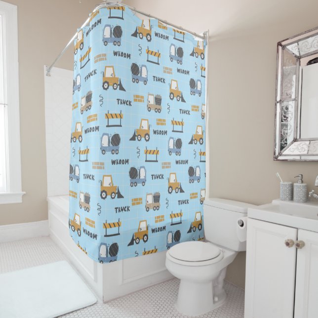 Construction Trucks Pattern Blue Shower Curtain (In Situ)