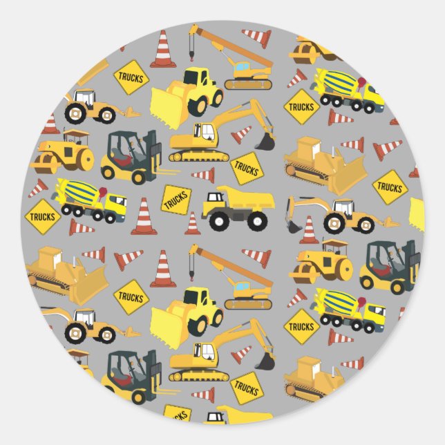 Construction Trucks Pattern Classic Round Sticker (Front)