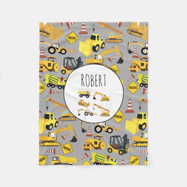Construction Trucks Pattern Customised Name Fleece Blanket (Front)