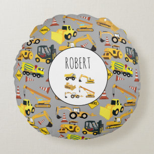Construction Trucks Pattern Customised Name Round Cushion