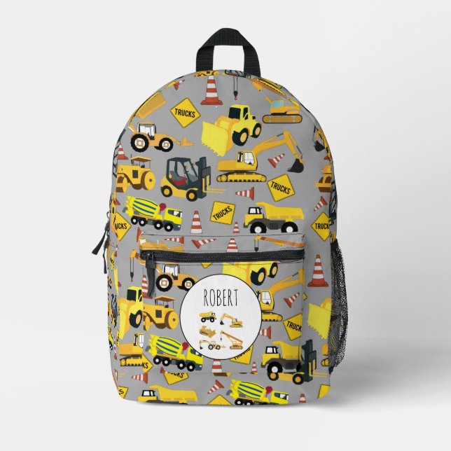 Construction Trucks Pattern Customised Name School Printed Backpack (Front)