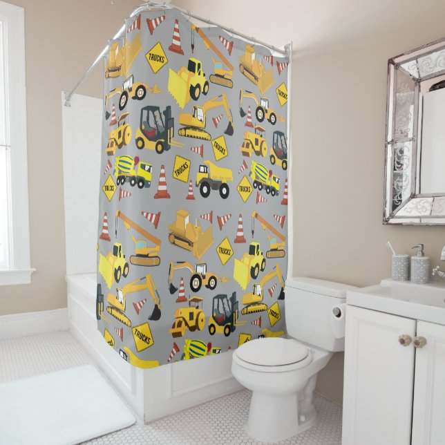 Construction Trucks Pattern Shower Curtain (In Situ)