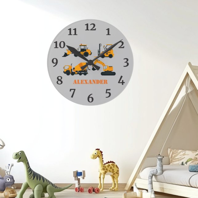 Construction Trucks Personalized Kids Room Clock (Creator Uploaded)