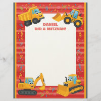 Construction Trucks Red Custom Name Mitzvah Note
