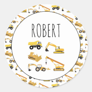 Construction Trucks School Custom Name Classic Round Sticker