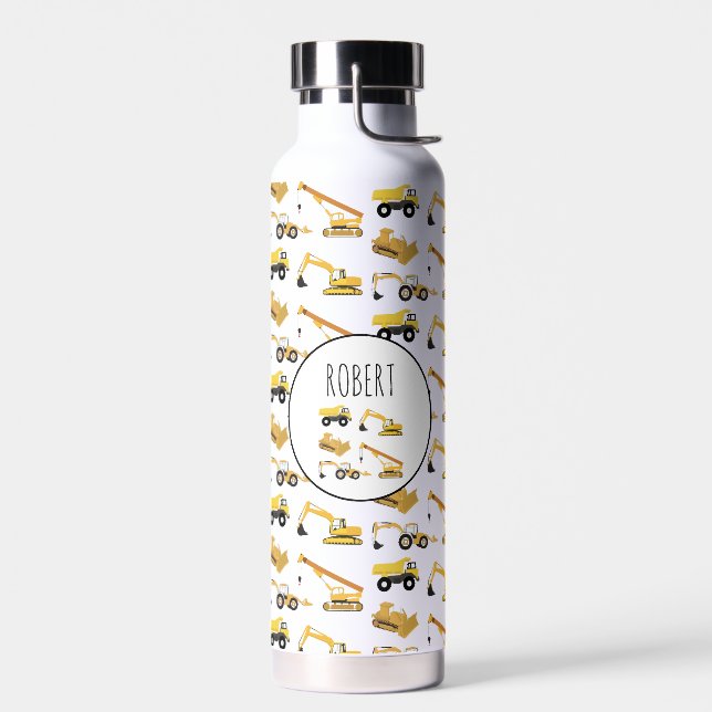 Construction Trucks School Custom Name Water Bottle (Left)