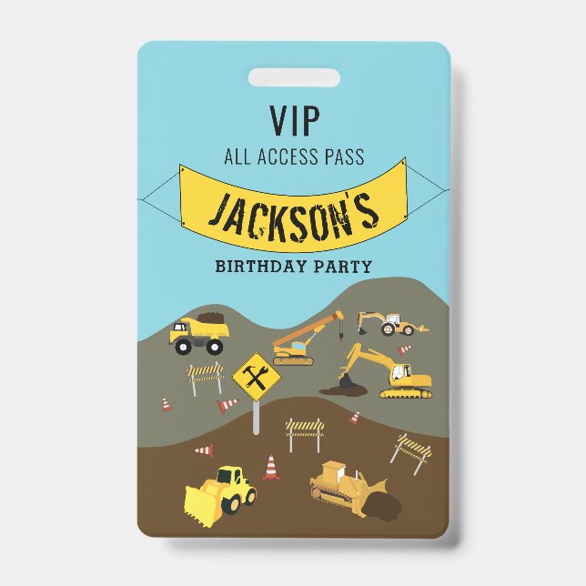 Construction Trucks Site Theme Birthday Party ID Badge (Front)