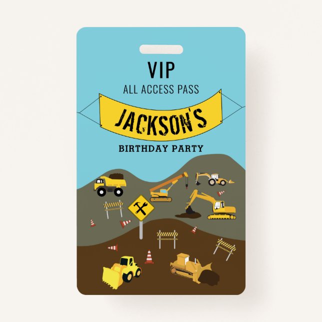 Construction Trucks Site Theme Birthday Party ID Badge (Front)