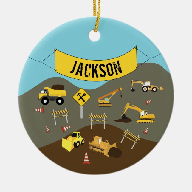 Construction Trucks Site Theme  Ceramic Tree Decoration (Front)
