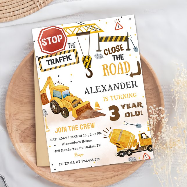 Construction Trucks Theme 3rd Birthday Party Invitation (Creator Uploaded)
