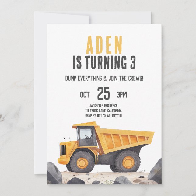 Construction Trucks Theme Birthday Invitation (Front)