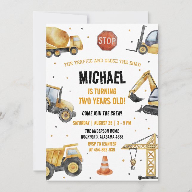 Construction Trucks Theme Birthday Invitation (Front)