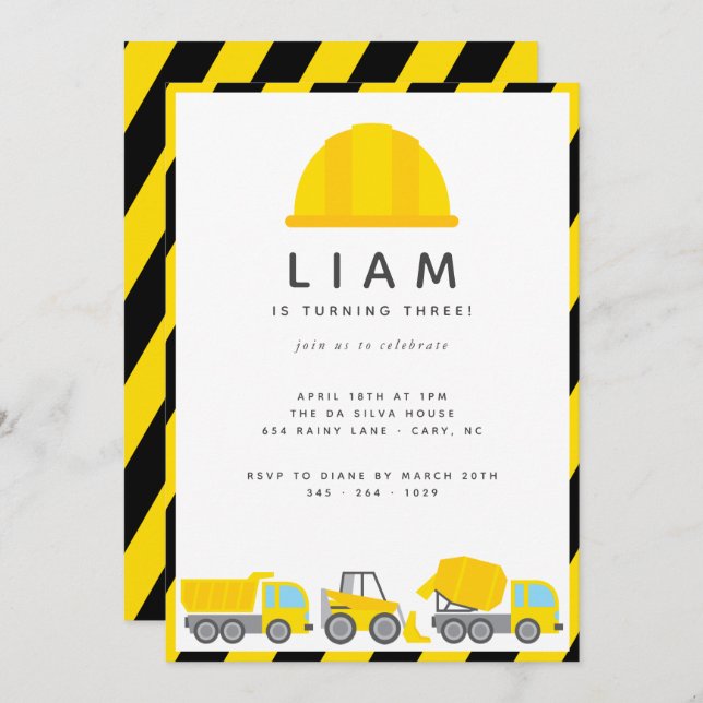 Construction Trucks Theme Birthday Party Invitation (Front/Back)