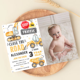 Construction Trucks Theme Birthday Party Photo  Invitation