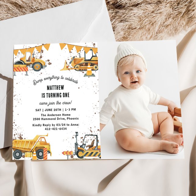 Construction Trucks Theme Joint Birthday Photo  Invitation (Creator Uploaded)