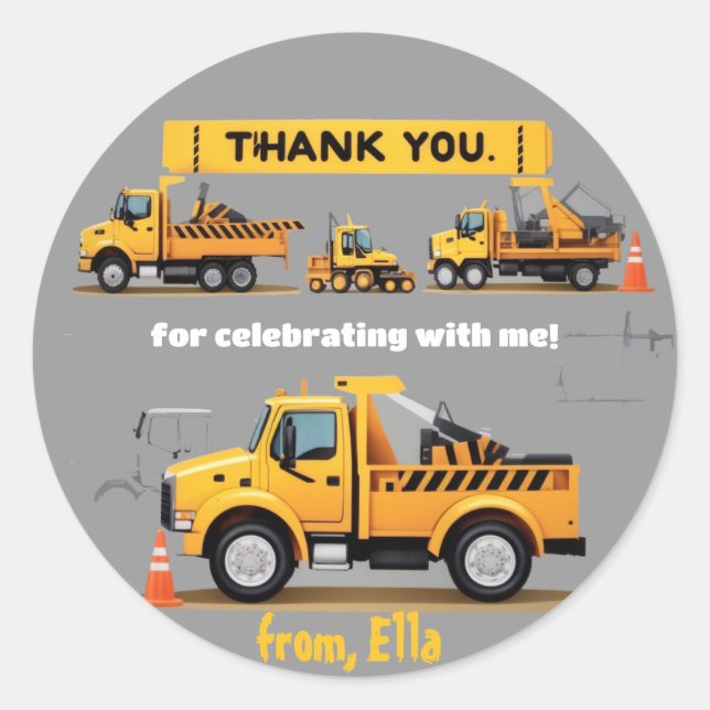 Construction Trucks Theme Thank You Classic Round  Classic Round Sticker (Front)