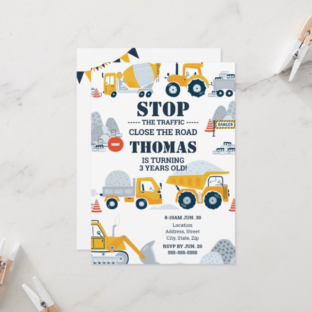 Construction Trucks Toddler Birthday Invitation (Front/Back In Situ)