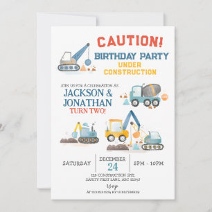 Construction Trucks, Twin Boys Birthday Party Invitation