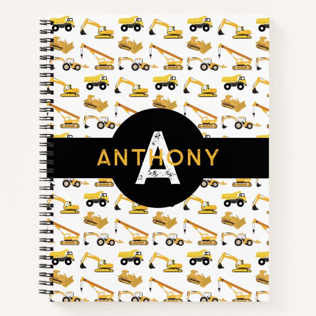 Construction Trucks Vehicles Kids Monogram Notebook (Front)