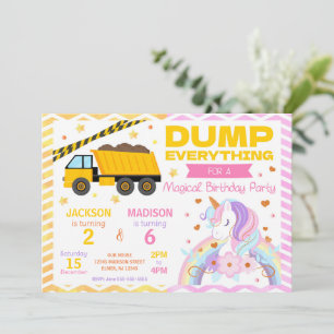 Construction & Unicorn Joint Birthday Invitation